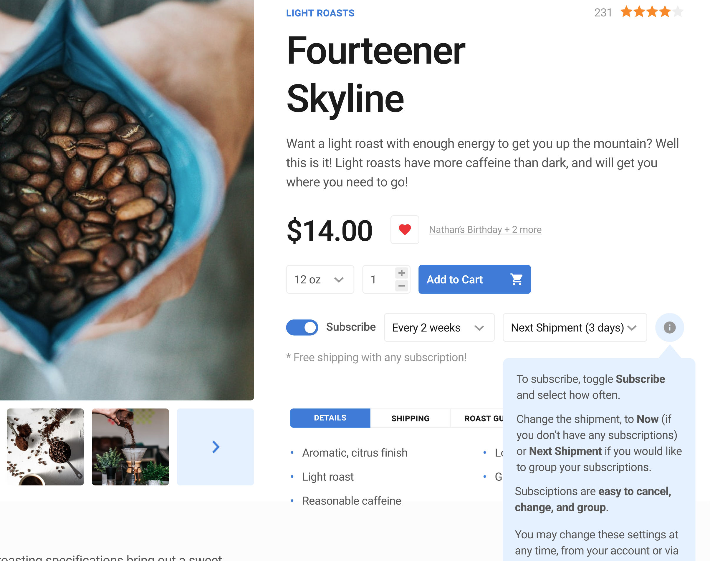 coffee subscription product detail page